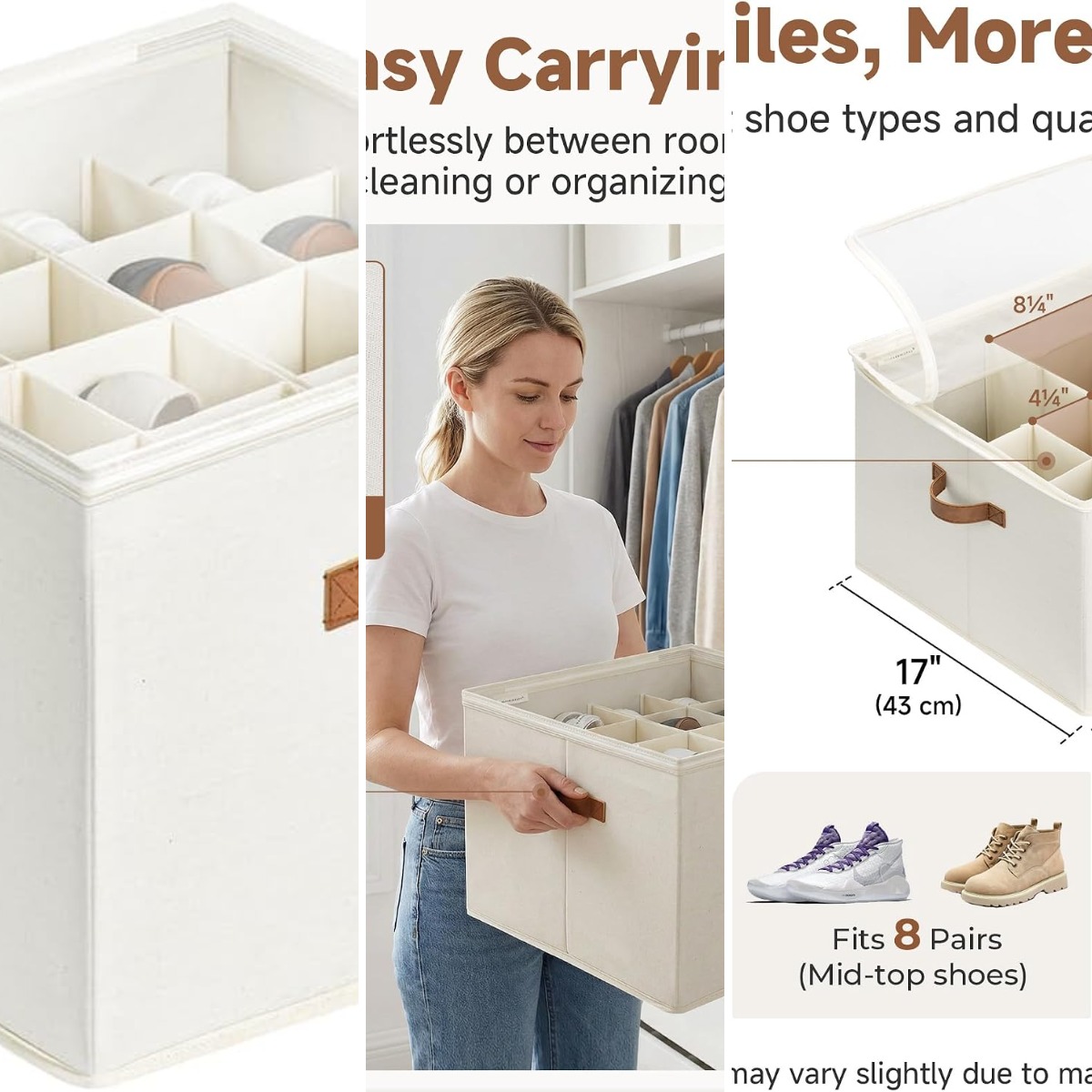 Shoe Bag Travel - ที่เก็บรองเท้าสำหรับตู้เสื้อผ้า, กล่องเก็บรองเท้าแบบมีฝาปิดและตัวแบ่งปรับได้, ใส่รองเท้าได้สูงสุด 16 คู่, พับเก็บได้