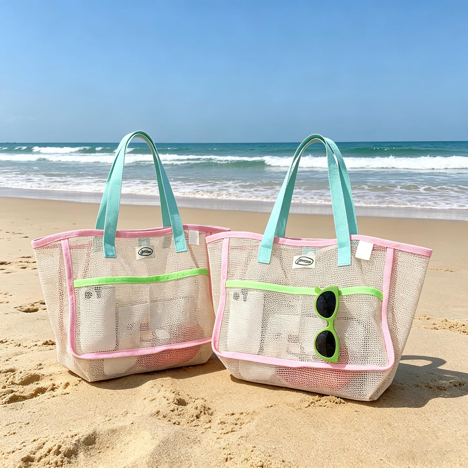Travel Accessories Deals - กระเป๋าชายหาดสำหรับผู้หญิง กระเป๋าตาข่ายพับได้หลากสี กระเป๋าใส่ทราย กระเป๋าเดินทาง กระเป๋าเก็บของสำหรับสระว่ายน้ำ สำหรับอุปกรณ์ชายหาด