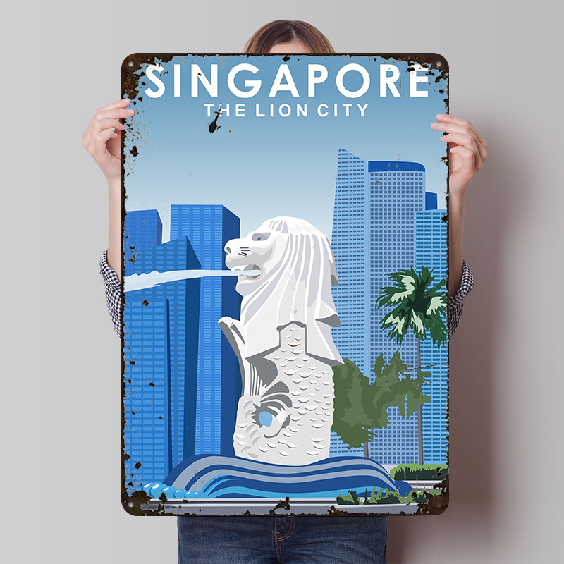 Travel Accessories Singapore - โปสเตอร์ดีบุกท่องเที่ยวสิงคโปร์ งานศิลปะติดผนังแบบกำหนดเอง ป้ายโลหะสไตล์เรโทรวินเทจ สำหรับตกแต่งห้องแฟนคลับ ของตกแต่งภายในบ้าน
