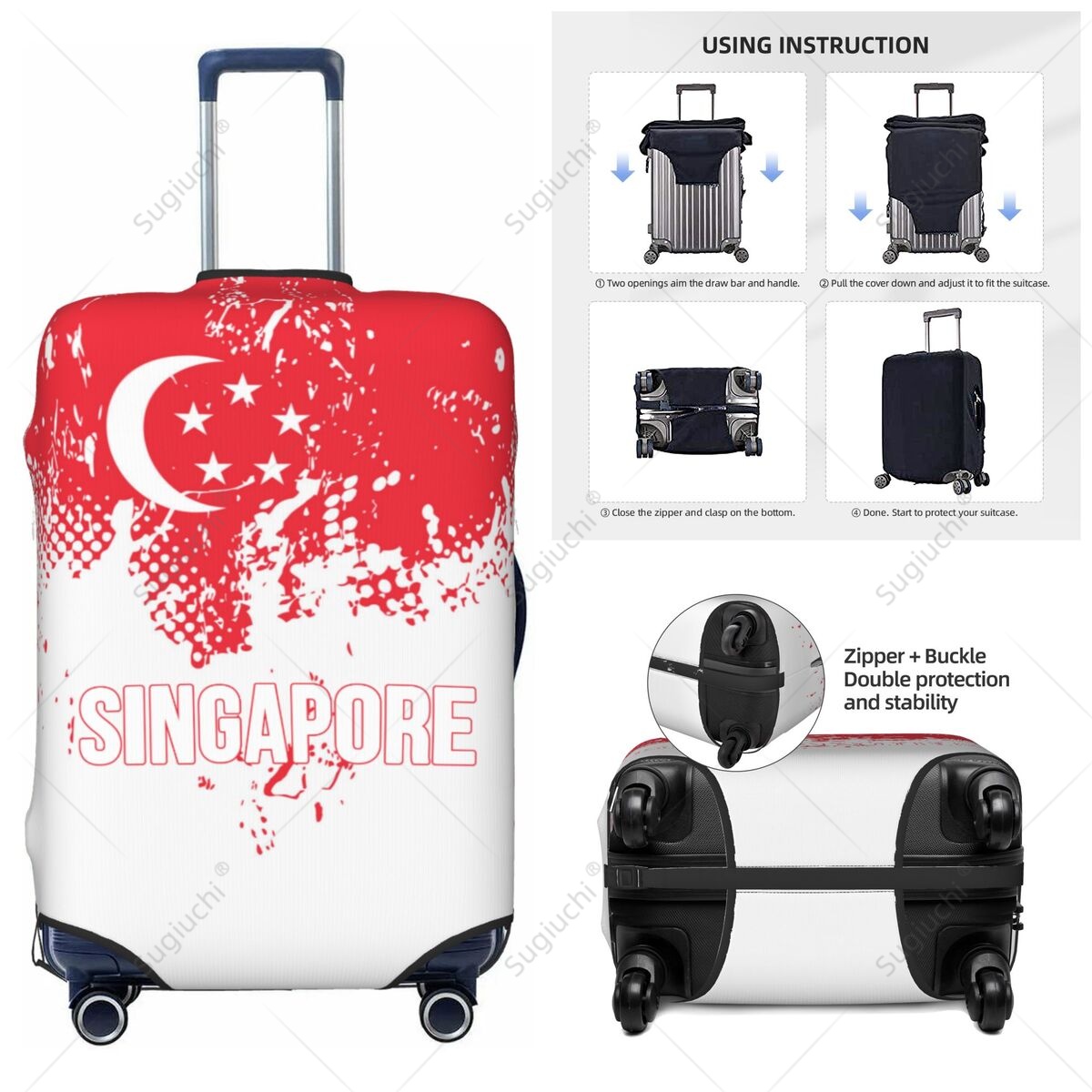 Travel Accessories Singapore - ปลอกคลุมกระเป๋าเดินทางลายธงชาติสิงคโปร์ ปลอกคลุมกระเป๋าเดินทางแบบยืดหยุ่น อุปกรณ์เสริมสำหรับการเดินทาง ปลอกคลุมกระเป๋าเดินทางแบบพิมพ์ลาย ป้องกันกระเป๋าเดินทาง